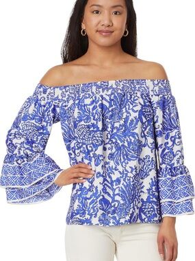 Lilly Pulitzer Women’s Kaori 3/4 Sleeve Off Shoulder Deeper Coconut Ride With Me